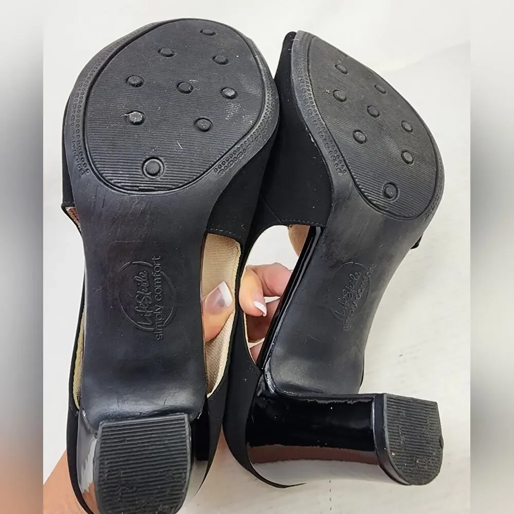Lifestride Simply Comfort Black Suede Stretch Heels Peep‎ Toe Women's Size 7.5